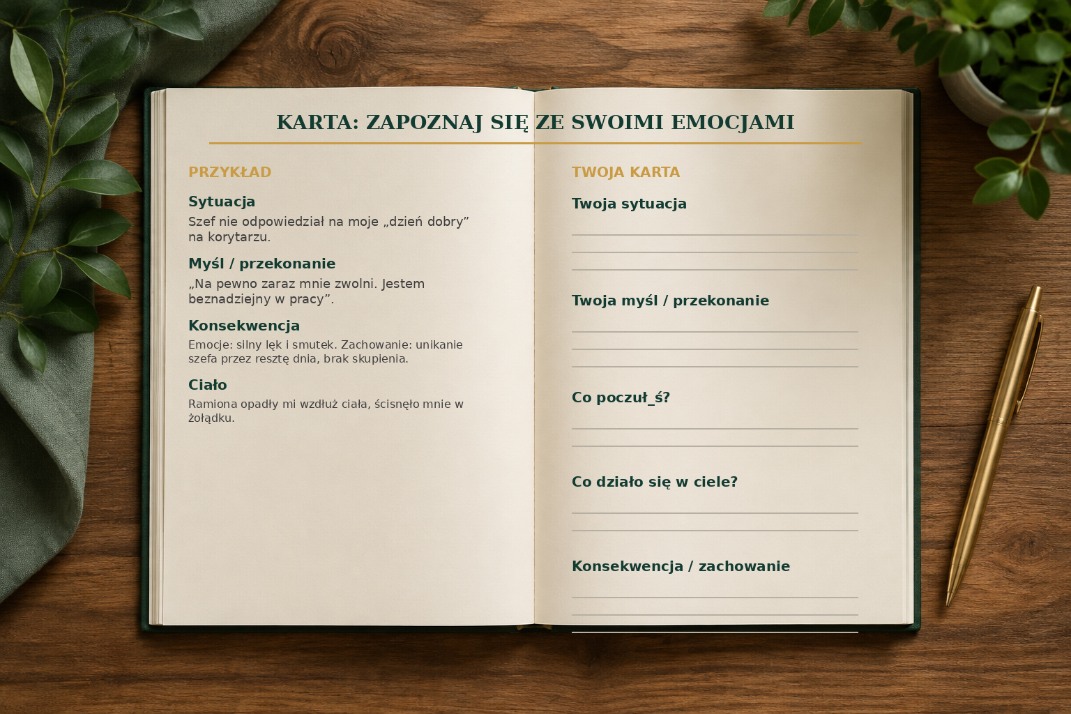 Otwarta karta pracy z przykładem sytuacji, myśli, emocji, reakcji ciała i zachowania oraz miejscem na własne odpowiedzi.